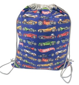 Worek do Przedszkola Bawełniany  na wf 35x40 Super cars z szarym Minky - Worko-Plecak ze Sznurkami, Tunel Minky, Metka na Imię   