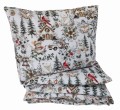 Pościel dziecięca z bawełny w rozmiarze 140x200 cm, w biało-beżowym świątecznym wzorze boho: bombki, bałwanek, pingwinek, choinki i dzwoneczki. Delikatny, naturalny komplet idealny na zimę.jpg